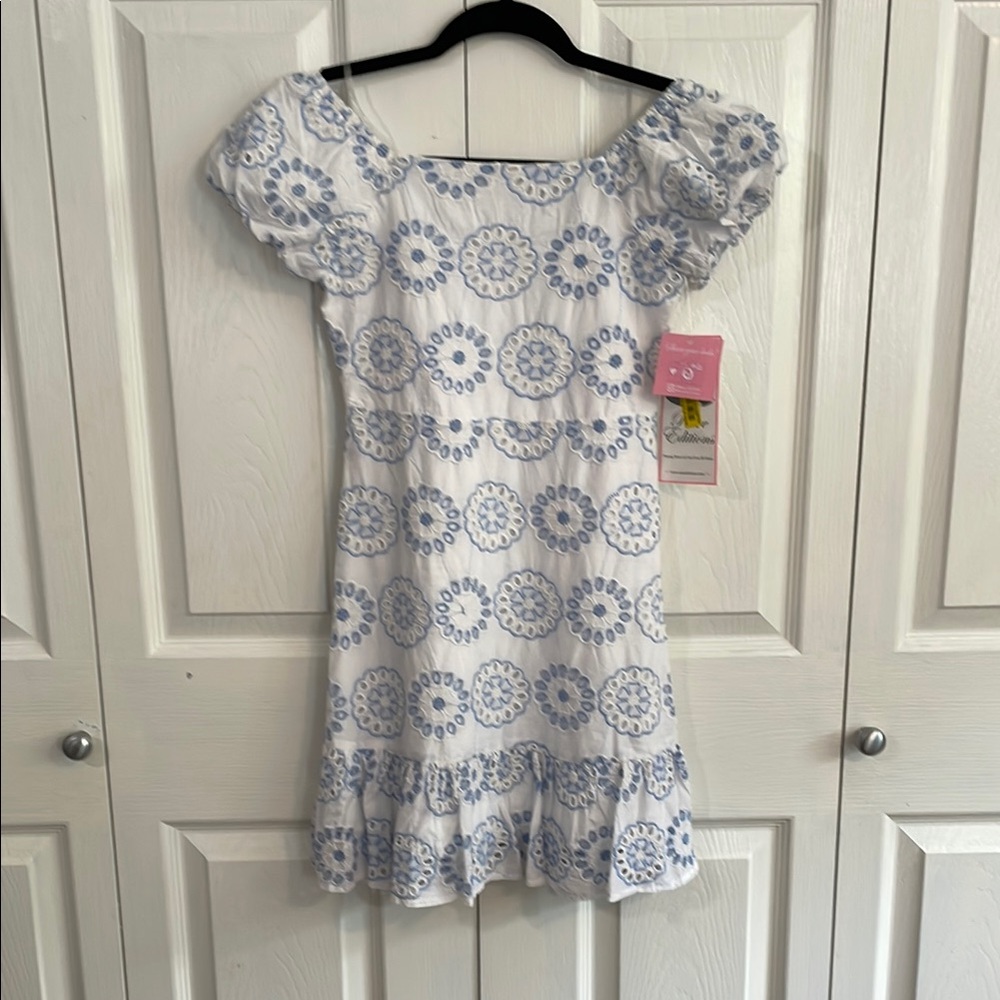NWT - Rare Editions Girls Blue and White Ruffled Tiered Sundress
